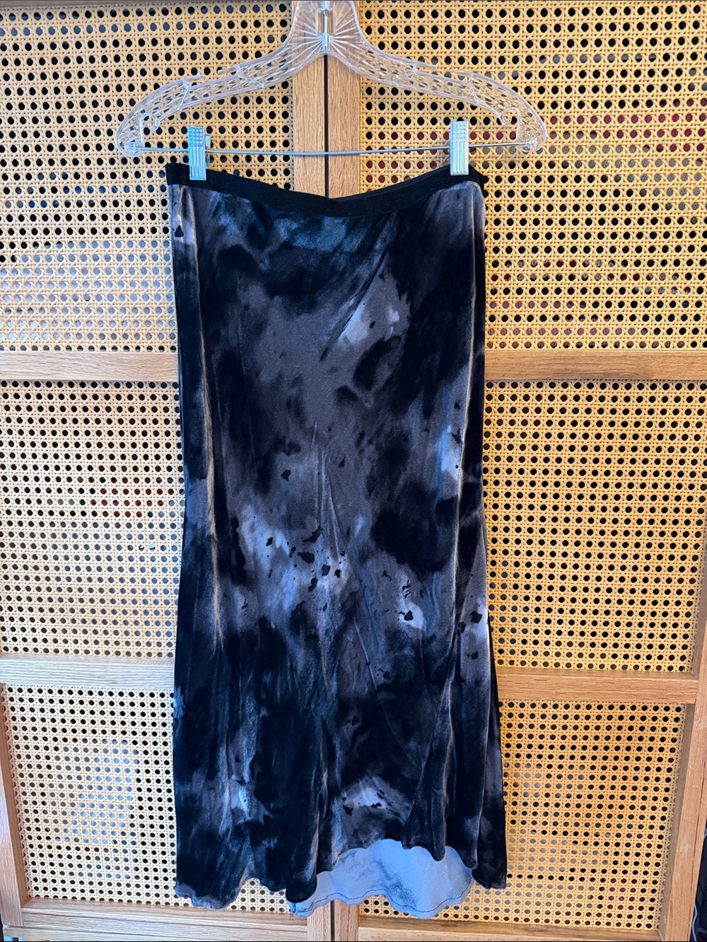 Black Tie-Dye Satin Midi Skirt